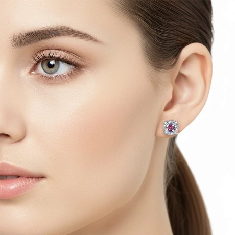 Пусеты из серебра с и рубинами